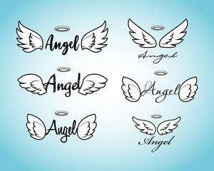 Doodle flying angel wings with halo. Sketch angelic wings. Freedom and religious tattoo vector design isolated on white background. Feather wing flying, heavenly and angelic emblem illustration