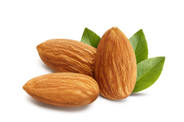 Close-up of three almonds, isolated on white background