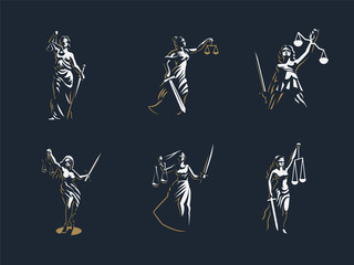 The goddess of justice Themis. Set. Vector. - obrazy, fototapety, plakaty