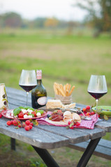 Italian picnic with red wine, Parmesan, ham, caprese salad and olives. Lunch in the open air and wooden table. Traditional snacks
