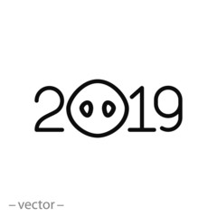 date 2019 year with pig nose icon, linear sign isolated on white background - editable vector illustration eps10