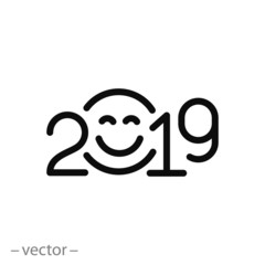 date 2019 year with smile face icon, linear sign isolated on white background - editable vector illustration eps10