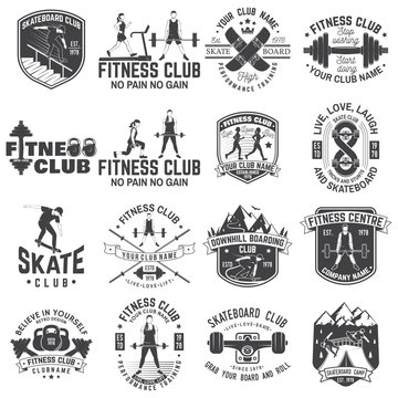 Set of fitness and skate board club concept with girls doing exercise and skateboarder silhouette. Vector