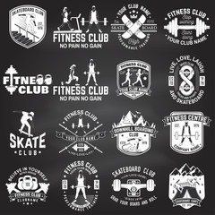 Fototapeta premium Set of fitness and skate board club concept with girls doing exercise and skateboarder silhouette on the chalkboard. Vector
