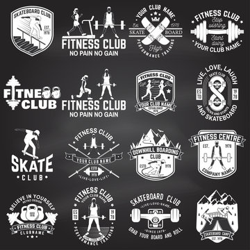 Set of fitness and skate board club concept with girls doing exercise and skateboarder silhouette on the chalkboard. Vector