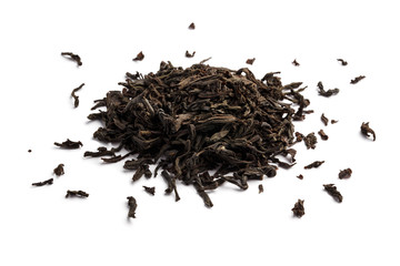 Dry black tea leaves, isolated on white background