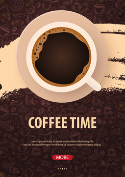 Cup of Black coffee with the hand-draw doodle elements on the background. Coffee poster for ads.
