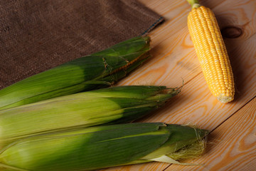 Sweet corn on burlap wooden background. Close view.