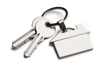 House keys with house shaped keychain, isolated on white background