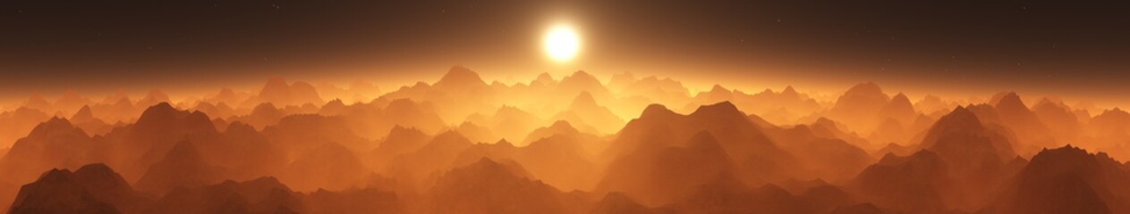 Panorama of Mars. Sunset on Mars. Martian surface.
3D rendering
