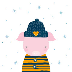 Fototapeta na wymiar Cute winter pig. Holiday graphic. Vector hand drawn illustration.