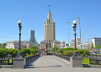 MOSCOW, RUSSIA. A view of Leningradskaya hotel through the square at Komsomolskaya Square