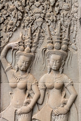 Carvings of Apsara Dancers on a Wall in Angkor Wat, Siem Reap, Cambodia