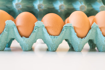 Fresh brown chicken eggs in a green box