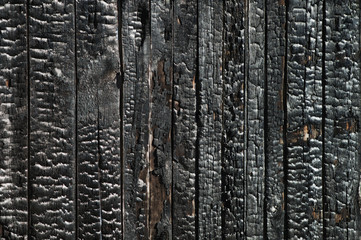 Black coal texture of the scorched wooden boards of the walls of the house. Ruined house building after a fire