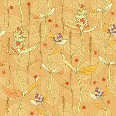 Seamless pattern with autumn plants. Hand drawn grahic.