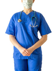 Portrait of an unknown young doctor in blue medical uniform hold