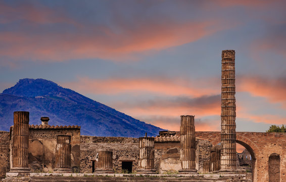 Pompeii And Vesuvius At Dusk