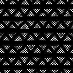 Triangle tribal seamless vector background. Lined up textured triangles in a row white on black. Abstract monochrome geometric pattern. Perfect for backgrounds, web banners, boys, men, fabric, paper