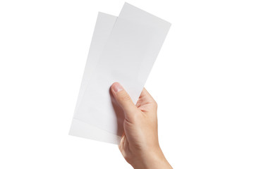 Male hand holding two blank sheets of paper (tickets, flyers, invitations, coupons, money, etc.), isolated on white background - obrazy, fototapety, plakaty