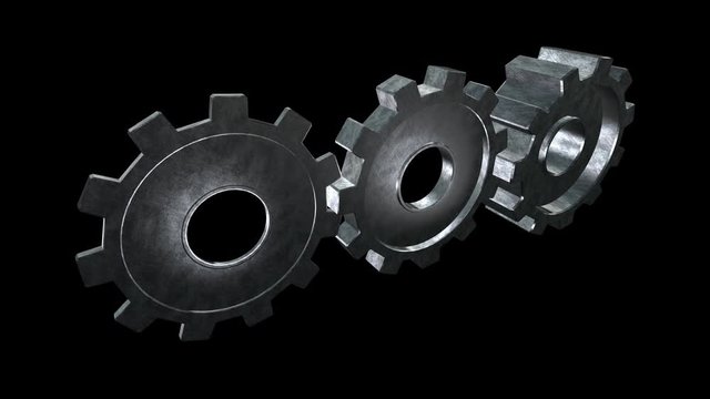 Rotating metallic gears. Black background. Alpha channel