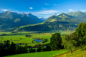 Early Morning Clear View of the Meadows Near Piesendorf with the Snowy Kitzsteinhorn in the Background