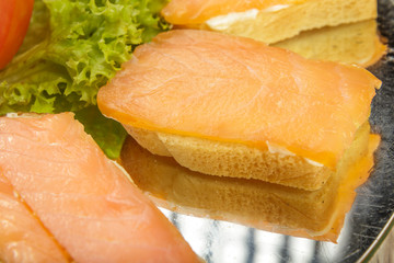 Dish of sandwiches with red fish tomato and greens.