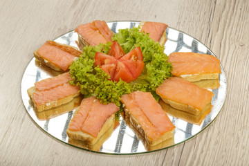 Dish of sandwiches with red fish tomato and greens.