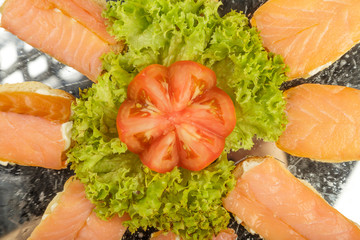 Dish of sandwiches with red fish tomato and greens.