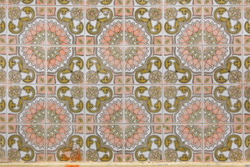 Traditional Portuguese azulejo tiles on the building in Porto, Portugal.