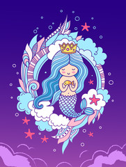 Cute little princess mermaid on a beautiful iridescent background. Colored vector illustration for birthday invitation card, print, t-shirt, notebook, poster.