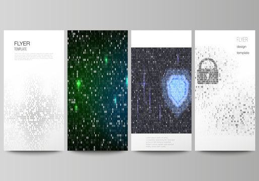 The minimalistic vector illustration of the editable layout of flyer, banner design templates. Binary code background. AI, big data, coding or hacker concept, digital technology background.