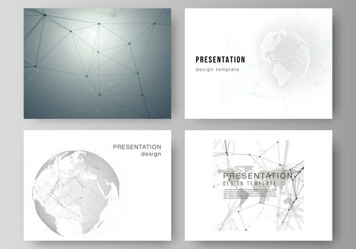 Vector layout of the presentation slides design business templates. Futuristic geometric design with world globe, connecting lines and dots. Global network connections, technology digital concept.