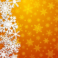 Christmas illustration with big white snowflakes with shadows on yellow background
