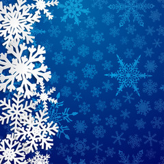 Christmas illustration with big white snowflakes with shadows on blue background