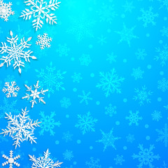 Christmas illustration with big white snowflakes with shadows on light blue background