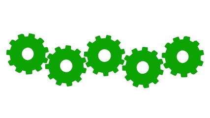 3 D animation five green gears rotate. White background. Alpha channel