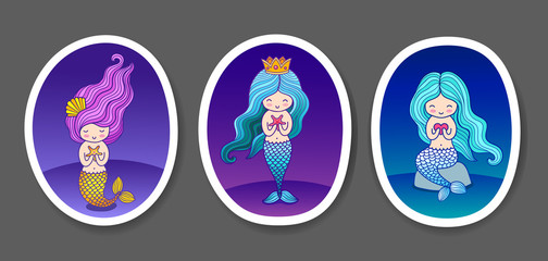 Set of cute little mermaids on a dark blue, violet sea gradient background. Round patch, sticker, badge, print for clothes, t-shirt, postcard, poster. Vector illustration with frame.