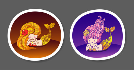 Set of beautiful little mermaids on a purple, violet gradient background. Round patch, sticker, badge, print for clothes, t-shirt, postcard, poster. Vector illustration with frame.