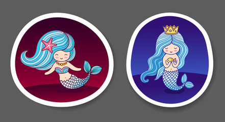 Set of beautiful little mermaids. Round patch, sticker, badge, print for clothes, t-shirt, postcard, poster. Vector illustration with frame