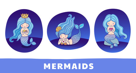 Collection of cute cartoon princess mermaids, floating, sitting on a rock, lying. Round patch, sticker, badge and print for clothes, t-shirt, postcard, poster. Set of vector colorful illustrations.