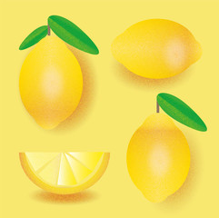 Seamless pattern of fresh, ripe lemons on a bright, grainy yellow background, illustrated with a noise texture.