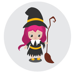 Happy kid witch cartoon holding broom. Cute character design. Girl in halloween costume concept. Vector illustration.