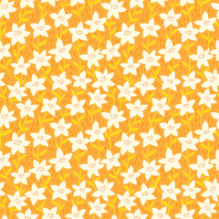 Spring bright seamless floral pattern with white hand drawn flowers on orange background. Ditsy print. Vector illustration