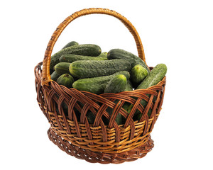 ripe cucumbers in a basket isolated on white background