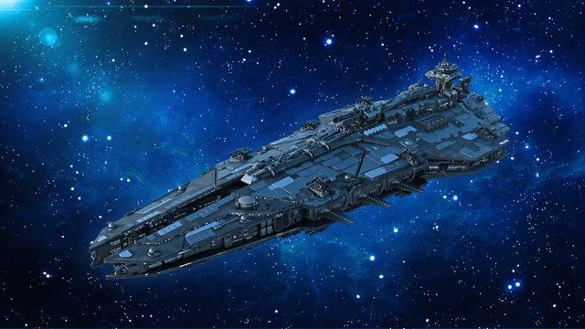 Fototapeta Alien spaceship in the Universe, spacecraft flying in deep space with stars in the background, UFO, 3D rendering