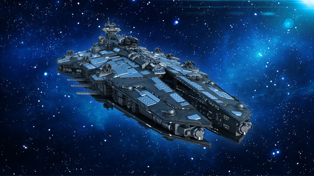 Alien spaceship in the Universe, spacecraft flying in deep space with stars in the background, UFO front view, 3D rendering