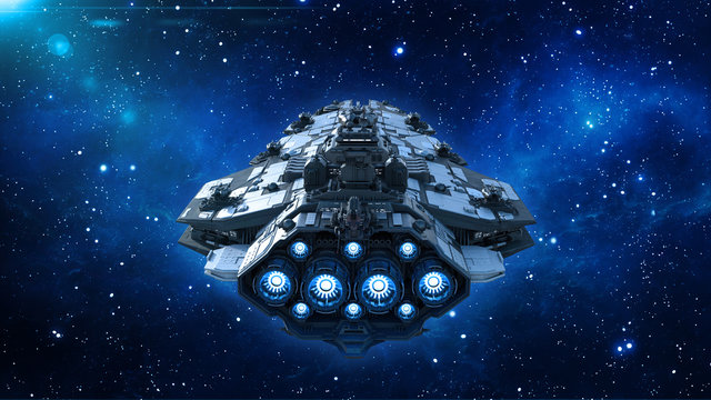 Alien spaceship in the Universe, spacecraft flying in deep space with stars in the background, UFO back view, 3D rendering
