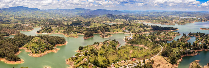 Fototapeta na wymiar Aerial view of Guatape, Penol, dam lake in Colombia.