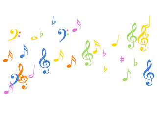 Music Notes Confetti Falling Chaos Vector. Music Symbols Texture Poster Background Elements. Party Night, Festival, Celebration or Concert, Melody Notes Trail. Decorative Song Sheets Chaos Effect.